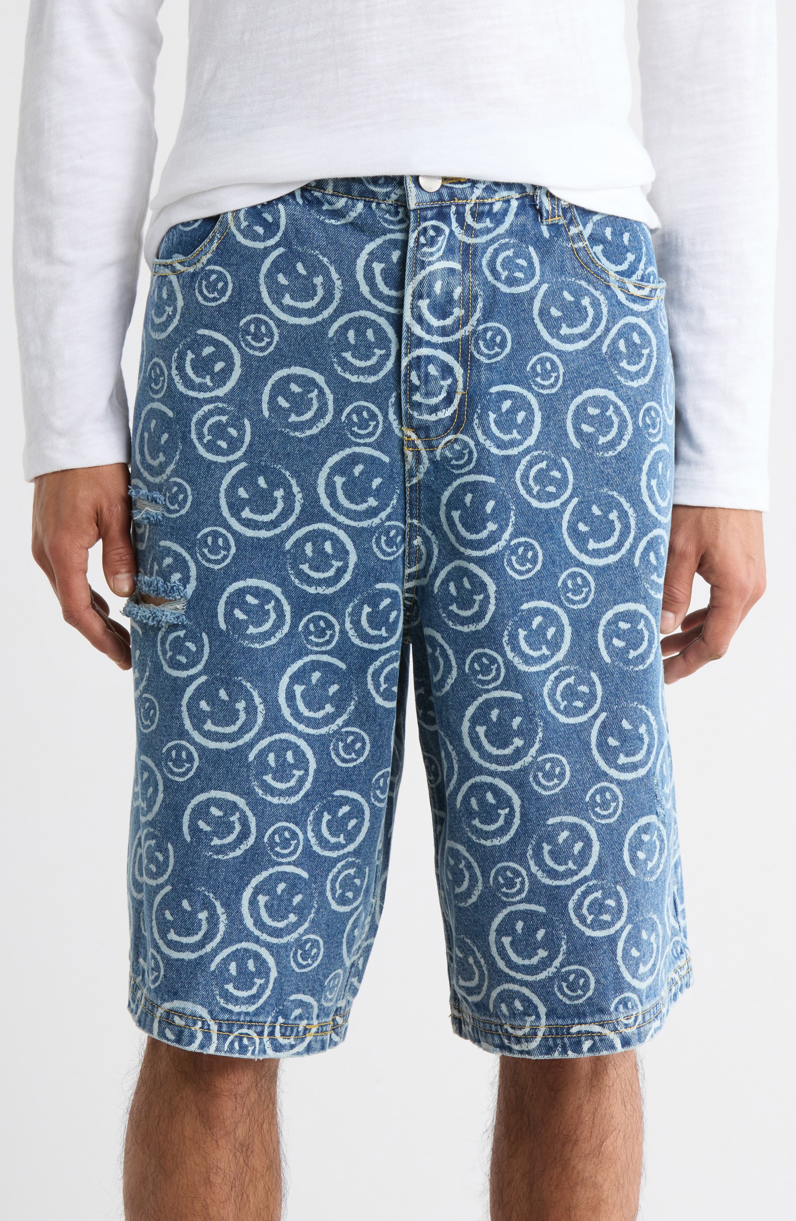 WeSC Smiley Face Long Denim Shorts