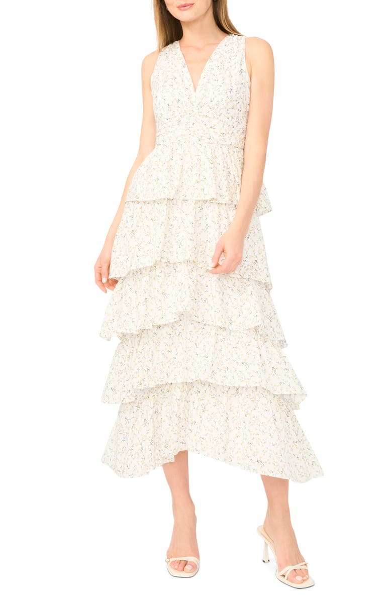 1.STATE Floral Sleeveless Cascade Ruffle Maxi Dress, Main, color, Pastel Yellow