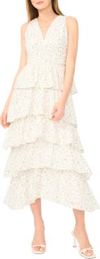 1.STATE Floral Sleeveless Cascade Ruffle Maxi Dress