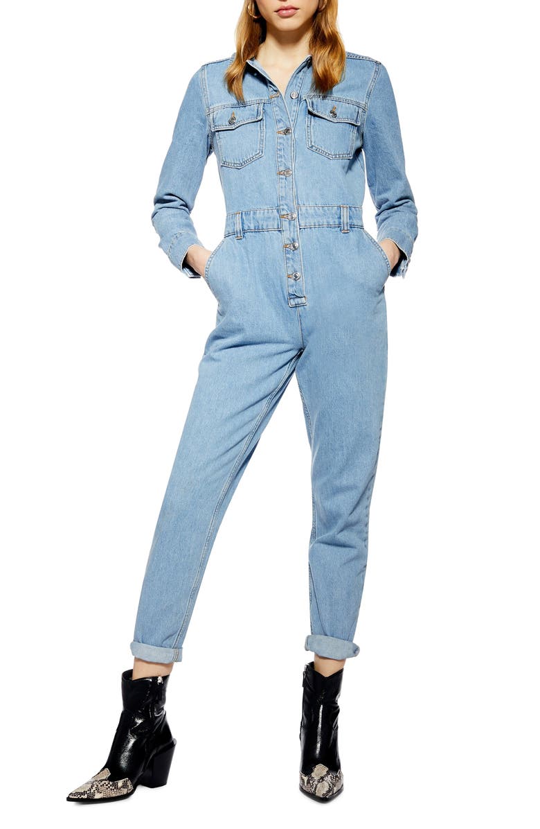 Topshop Slouchy Denim Boilersuit, Main, color,