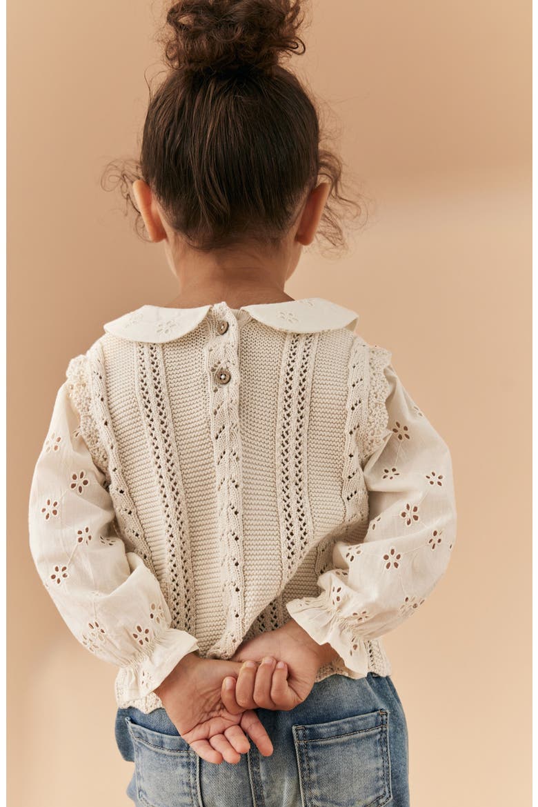 Kids' Mix Media Pointelle & Eyelet Cotton Sweater, Alternate, color, IVORY