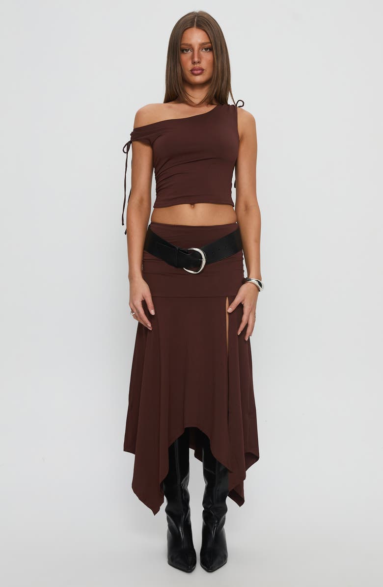 Princess Polly Azlynn One-Shoulder Crop Top & Handkerchief Hem Maxi Skirt Set, Alternate, color, Brown