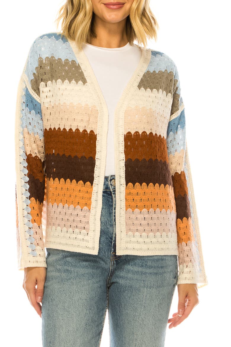 Stripe Crochet Open Front Cardigan, Main, color, NATURAL