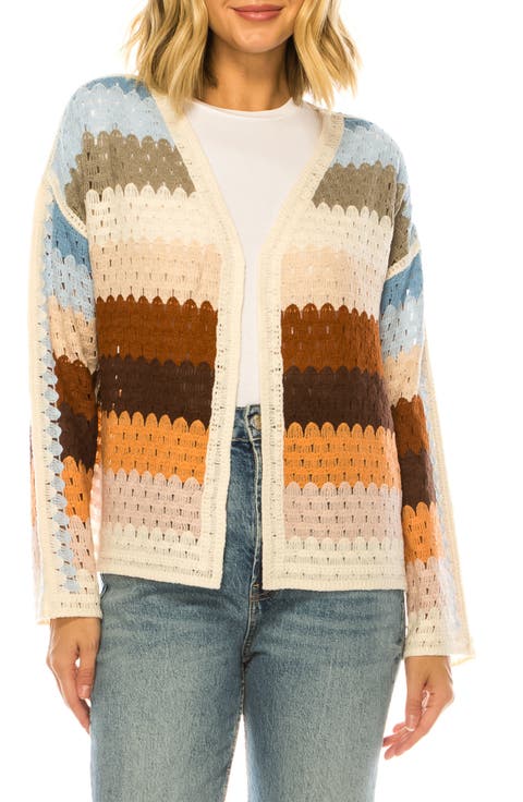 Stripe Crochet Open Front Cardigan
