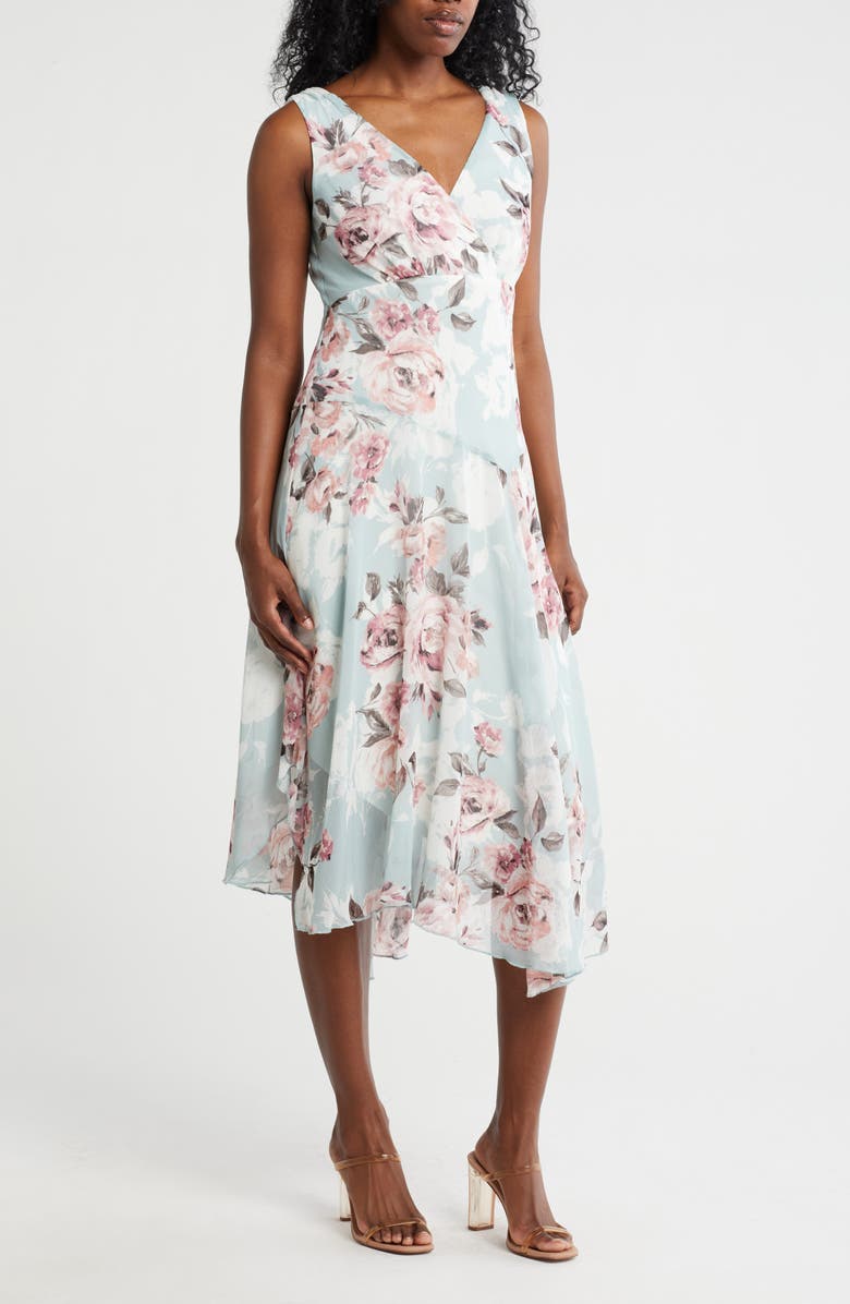 Connected Apparel Floral Sleeveless Asymmetric Hem Chiffon Midi Dress, Main, color, 
