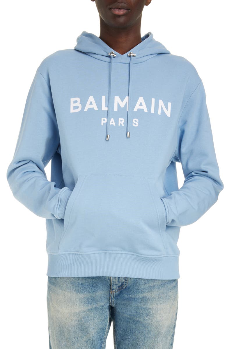 Balmain Organic Cotton Logo Graphic Hoodie, Main, color, Slj Pale Blue/ White