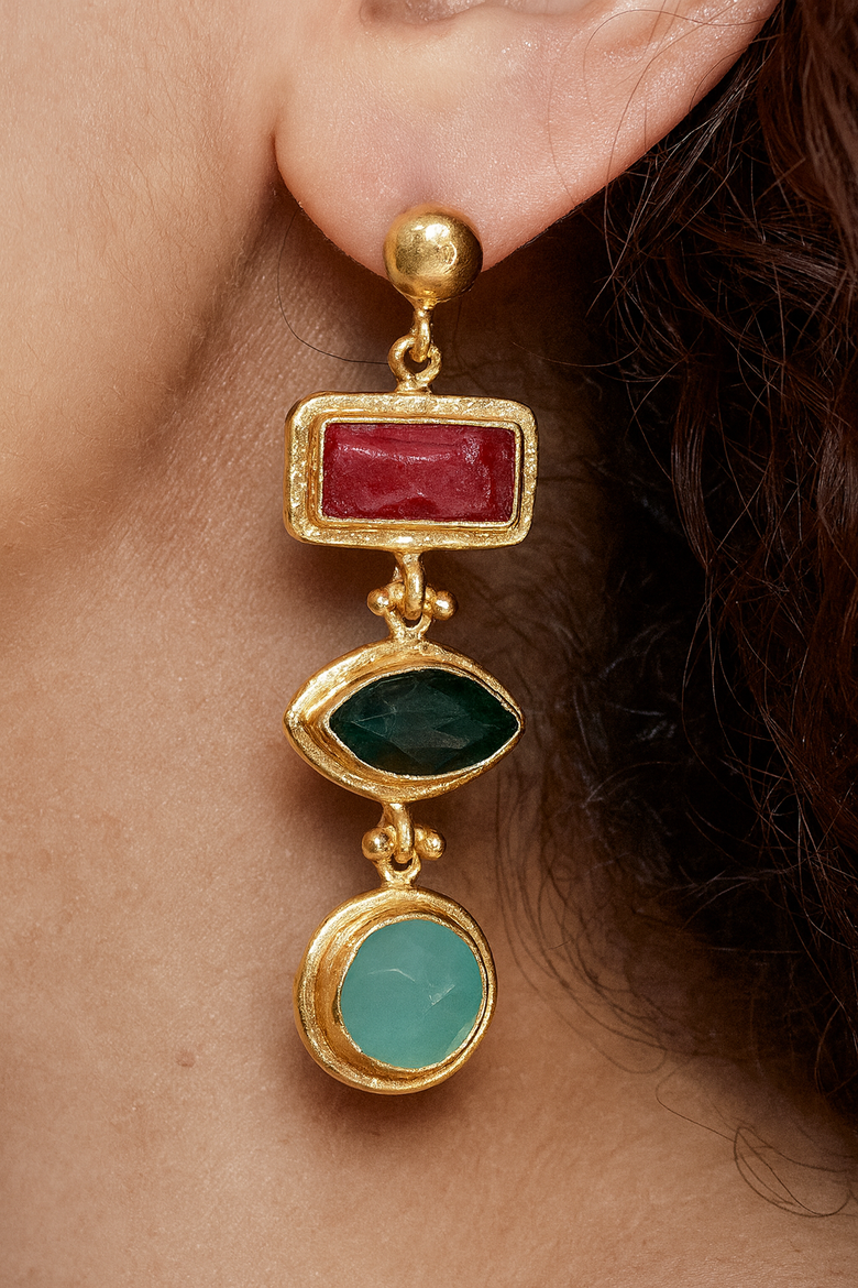 Innana Ruby, Emerald And Aqua Chalcedony Drop Earrings, Alternate, color, Gold