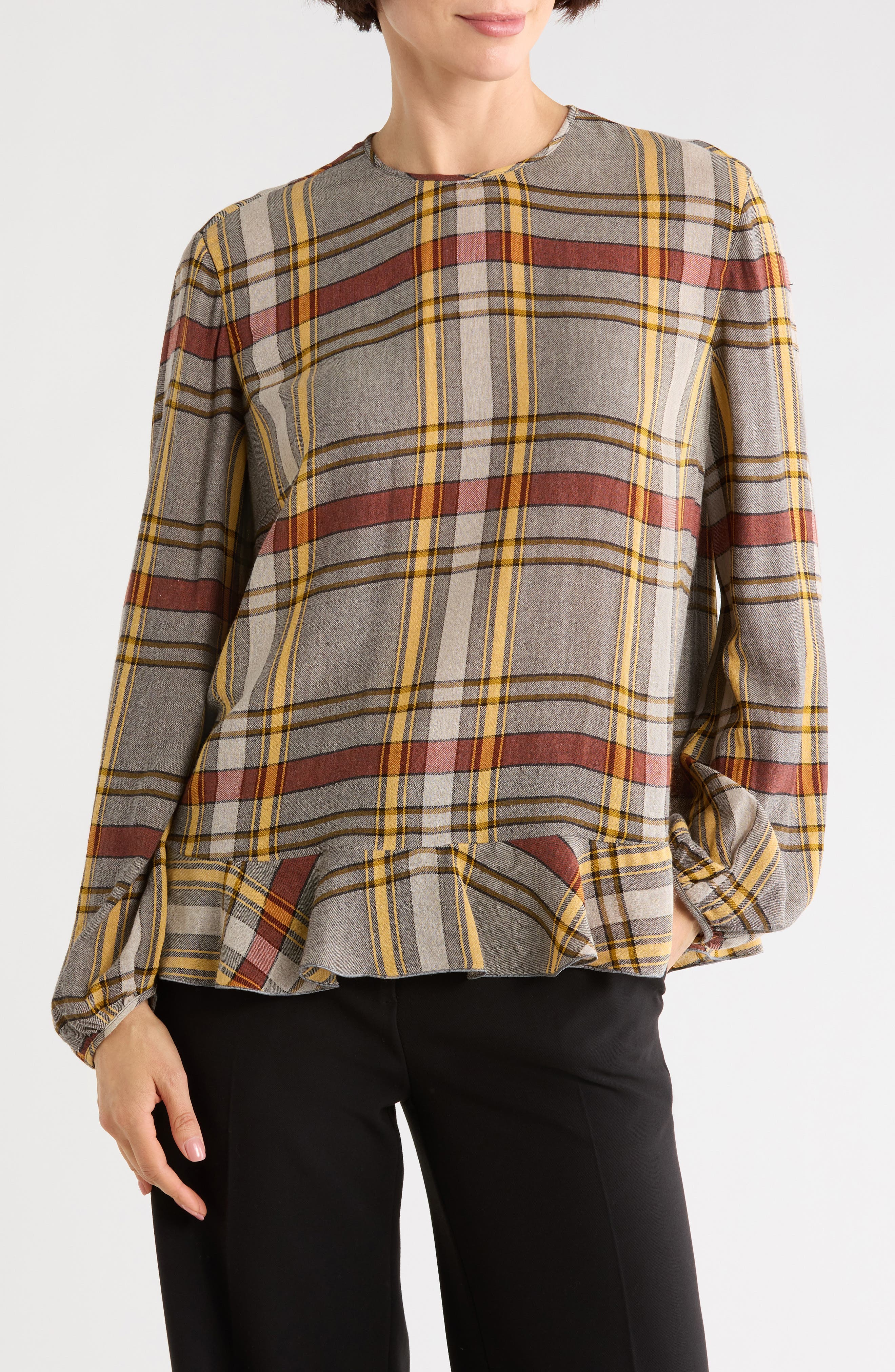 Longchamp Plaid Long Sleeve Ruffle Top