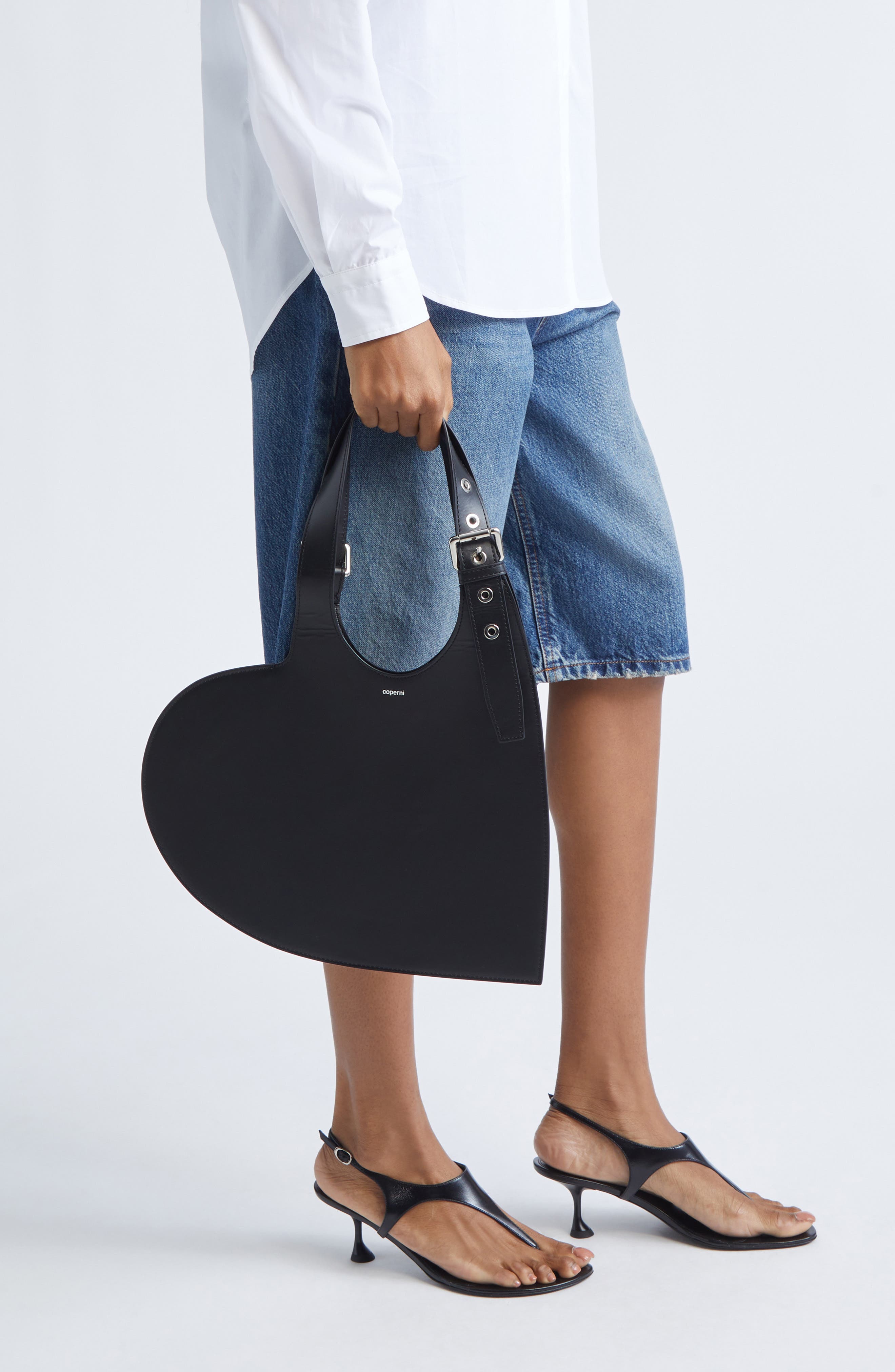 Coperni Belt Heart Leather Tote, Alternate, color, Black/ Black