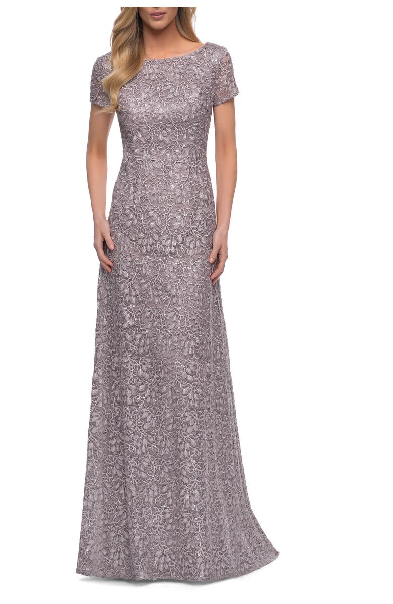 La Femme Embroidered Lace Long Gown with Short Sleeves, Main, color, Dark Mauve