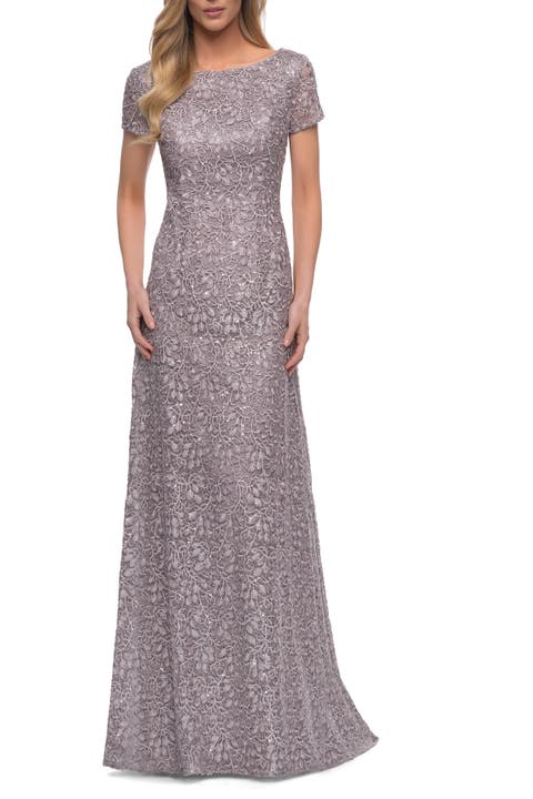 Embroidered Lace Long Gown with Short Sleeves