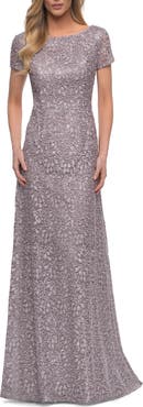 La Femme Embroidered Lace Long Gown with Short Sleeves