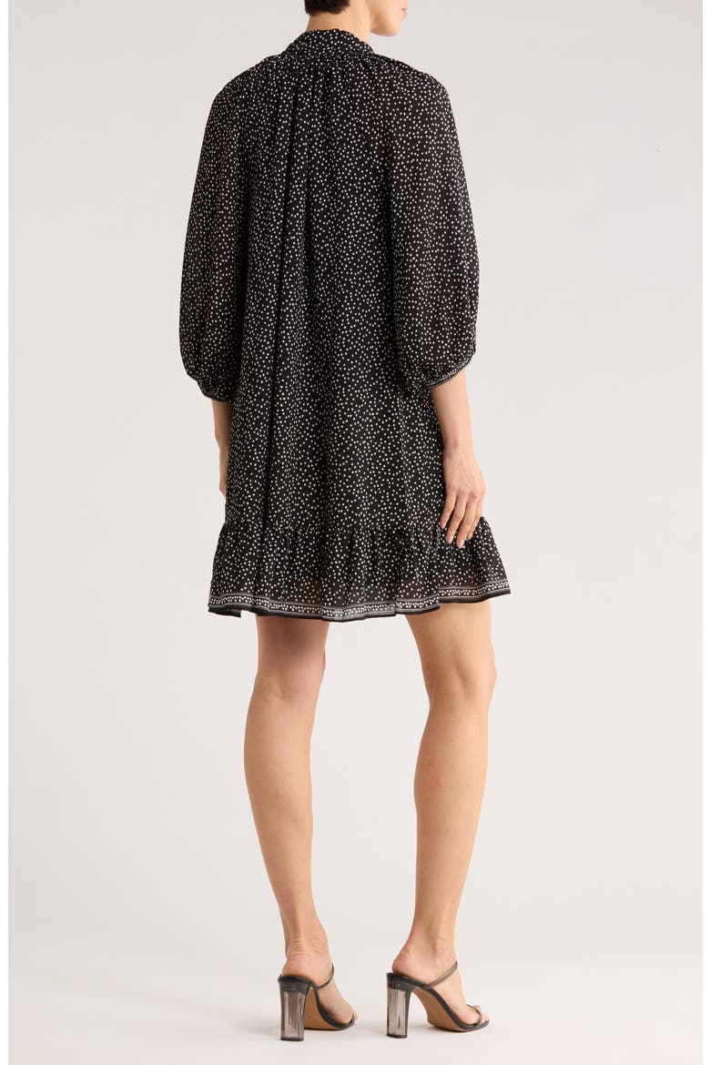 Tie Neck Balloon Sleeve Trapeze Dress, Alternate, color, BLACK/ IVORY RANDOM DOT