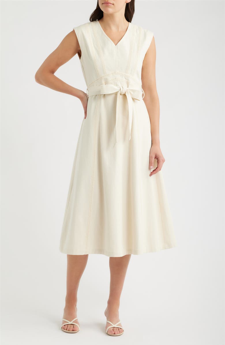 ZOE AND CLAIRE Stitch Tie Waist Midi Dress, Main, color, Cream