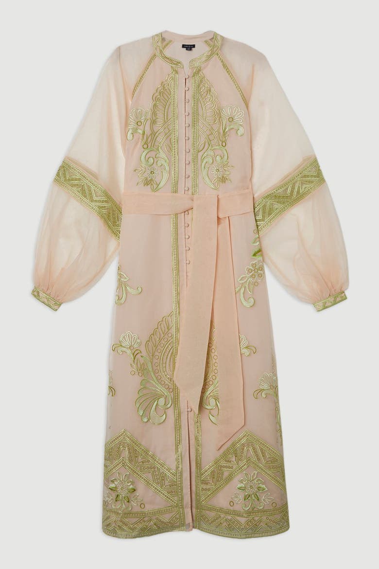 Embroidered Mandarin Collar Midi Dress, Alternate, color, Lime