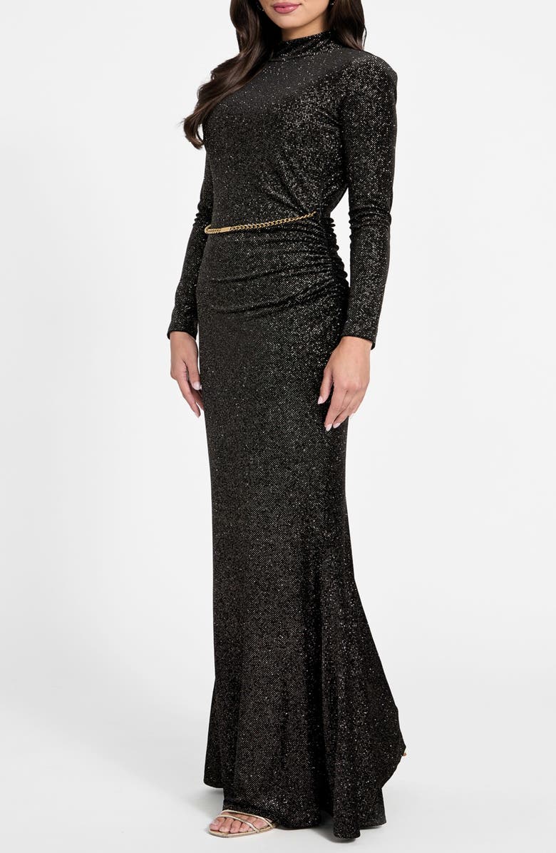 Marciano Dana Long Sleeve Open Back Shimmer Knit Dress, Alternate, color, Black