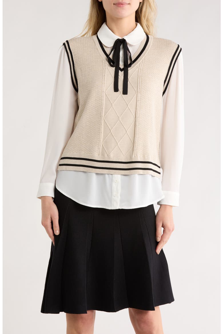 Tie Neck Twofer Sweater, Main, color, NEUTRAL/ BLACK