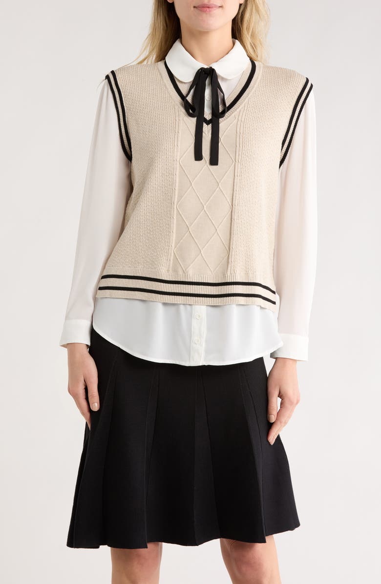 Adrianna Papell Tie Neck Twofer Sweater, Main, color, Neutral/ Black