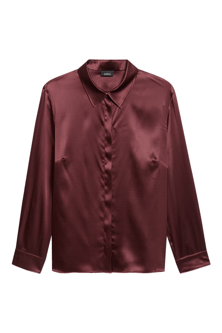 Stretch Silk Satin Button-Up Top, Alternate, color, MERLOT RED