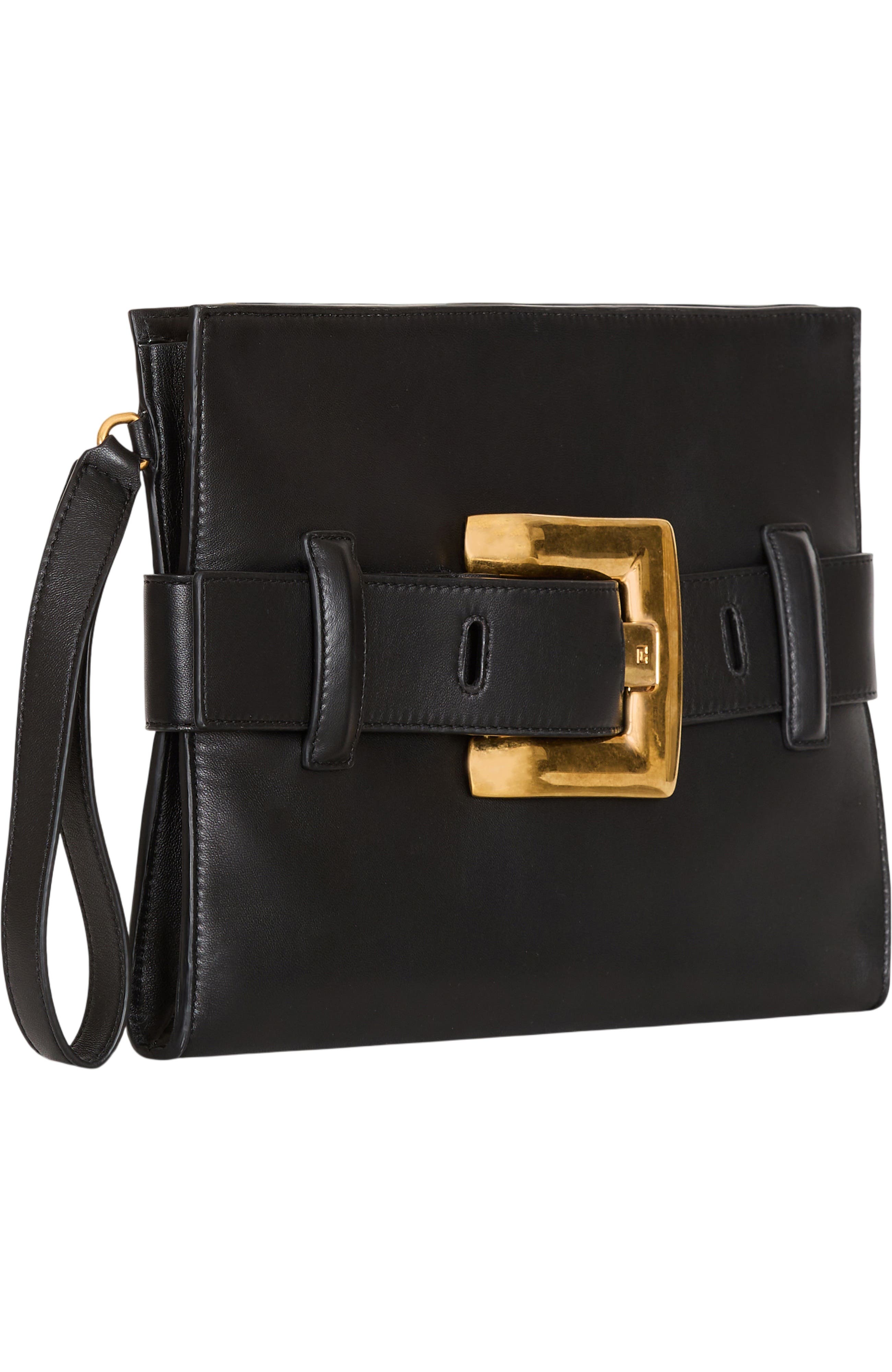 Balmain Anthem smooth leather clutch, Alternate, color, Black
