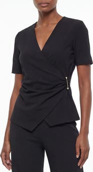 BY DESIGN Cappuccino Short Sleeve Faux Wrap Top