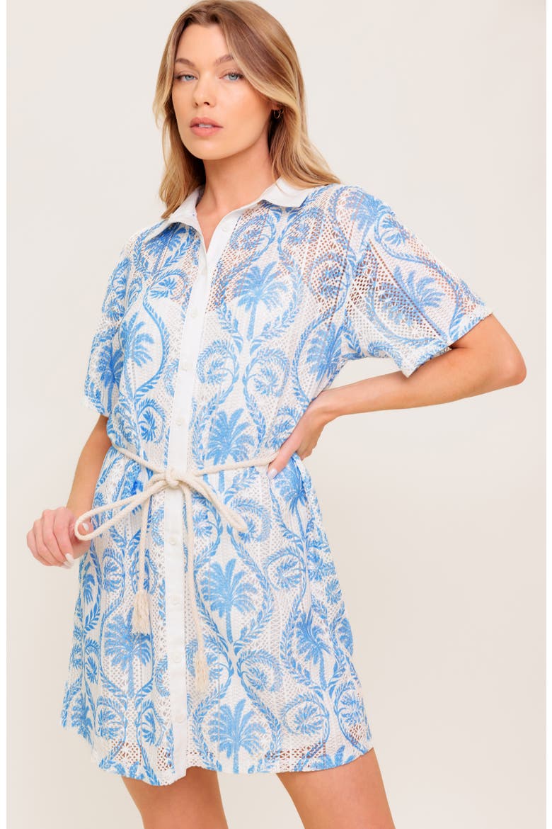 Palm Print Short Sleeve Lace Shirtdress, Alternate, color, IVORY BLUE