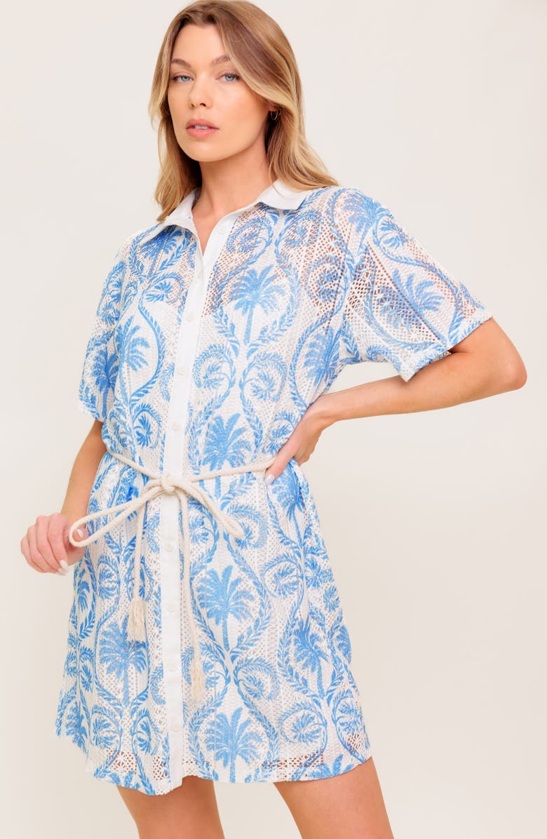 FLYING TOMATO Palm Print Short Sleeve Lace Shirtdress, Alternate, color, Ivory Blue