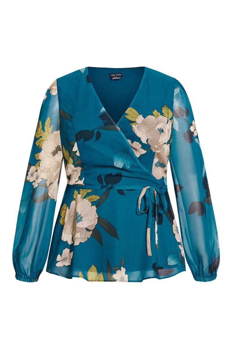 Maya Faux Wrap Blouse, Alternate, color, TEAL BOLD BLOOM