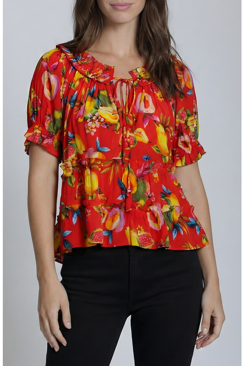 Tiered Ruched Tie Neck Top, Main, color, RED MULTI