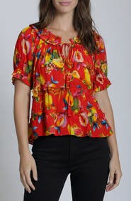 APNY Tiered Ruched Tie Neck Top