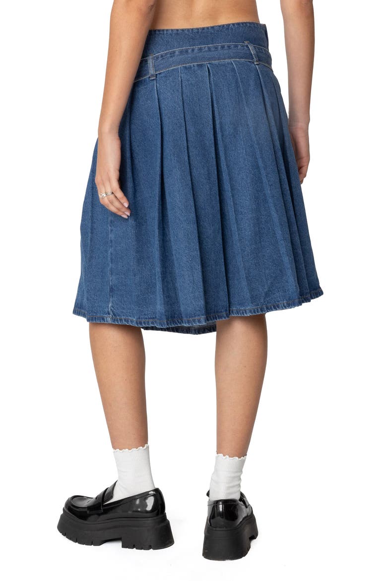 Belted Pleated Denim Midi Skirt, Alternate, color, BLUE