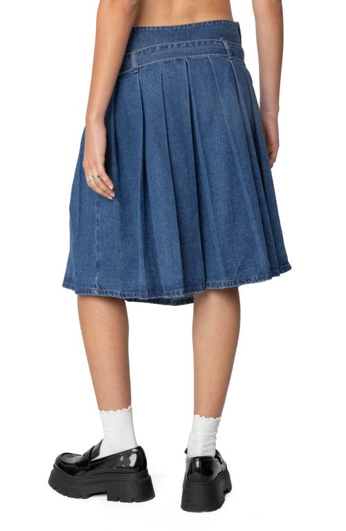 Shop Edikted Belted Pleated Denim Midi Skirt In Blue