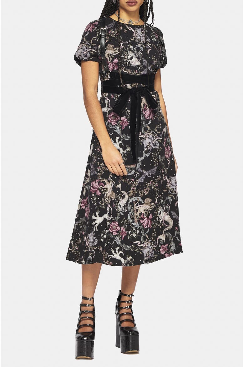 Merunicorn Enchanted Forest Midi Dress, Alternate, color, Black