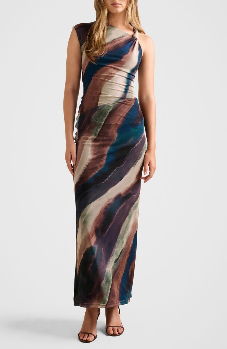 Ever New Karina Knotted One Shoulder Mesh Maxi Dress, Main, color, Maren Abstract