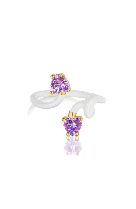 White Enamel Amethyst Bypass Ring - Size 7