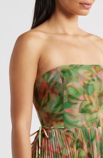 Pleated Strapless Mesh Gown