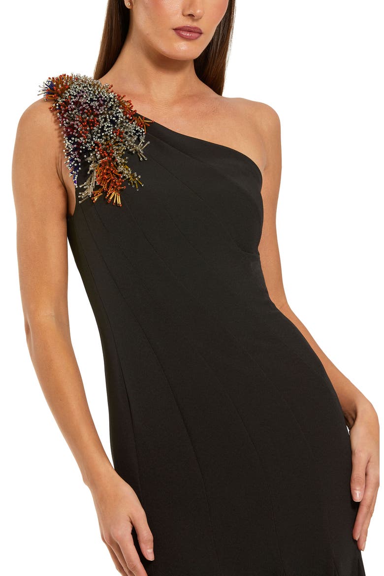 Crepe One Shoulder Beaded Mermaid Gown, Alternate, color, Black Multi