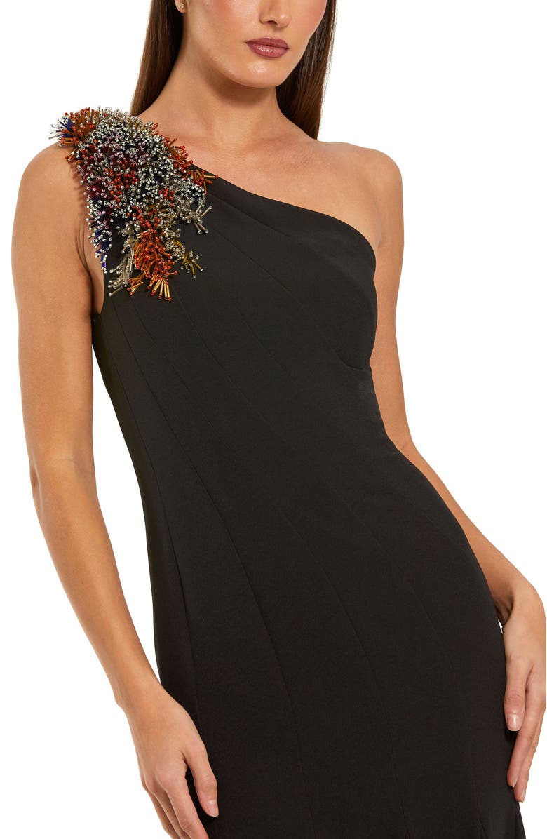 Mac Duggal Crepe One Shoulder Beaded Mermaid Gown, Alternate, color, Black Multi