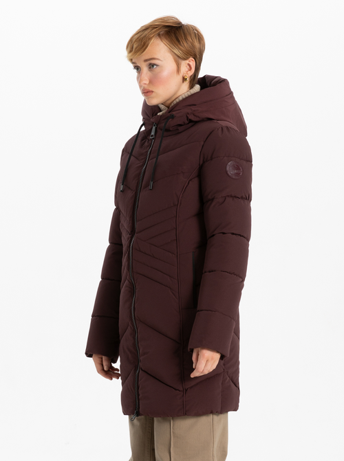 Point Zero Star-stitch Chic Long Puffer Jacket In Merlot