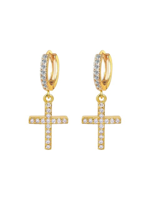 Cross Dangle Earrings with White Diamond Cubic Zirconia