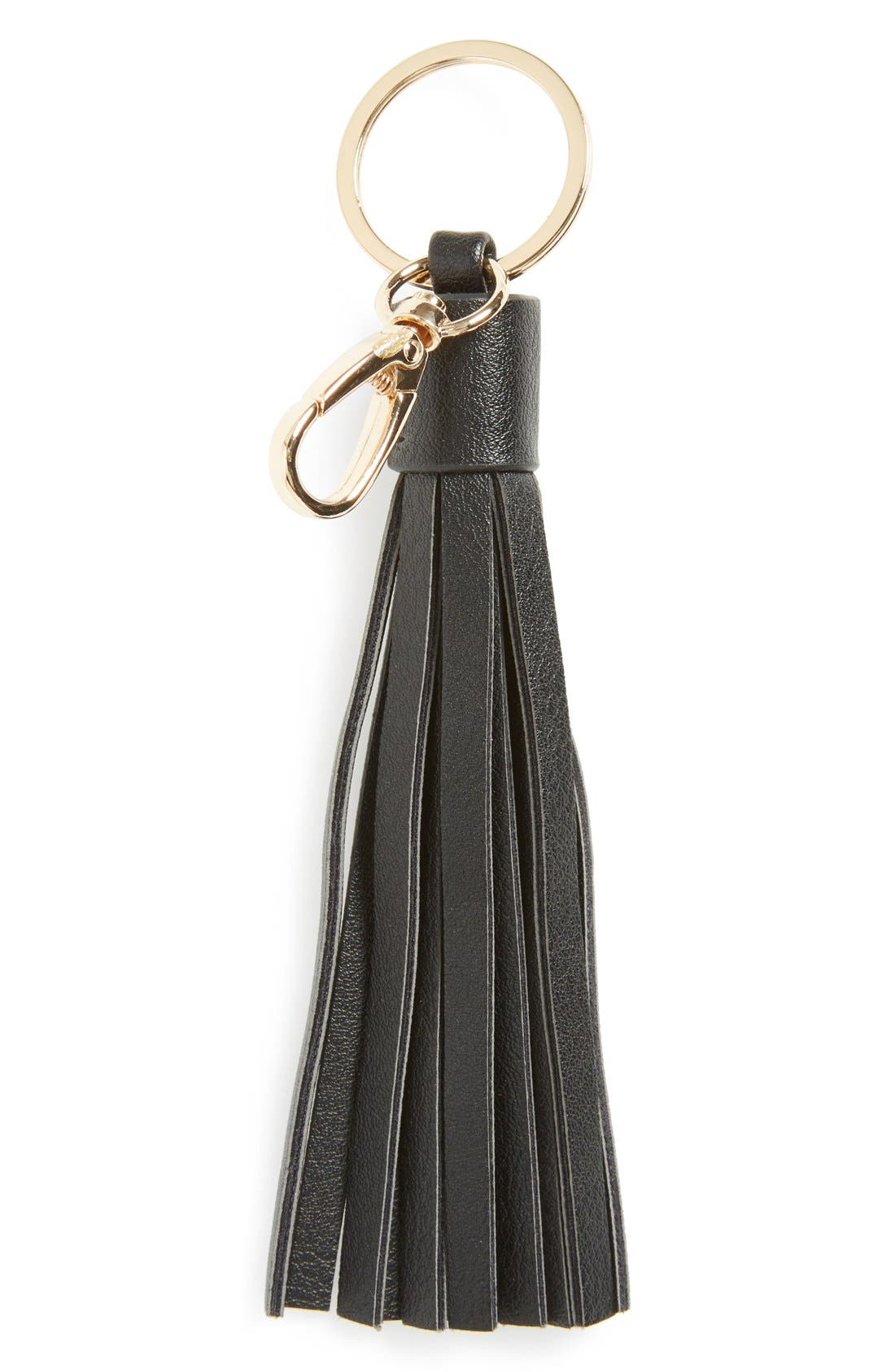 Faux Leather Tassel Bag Charm, Main, color, BLACK