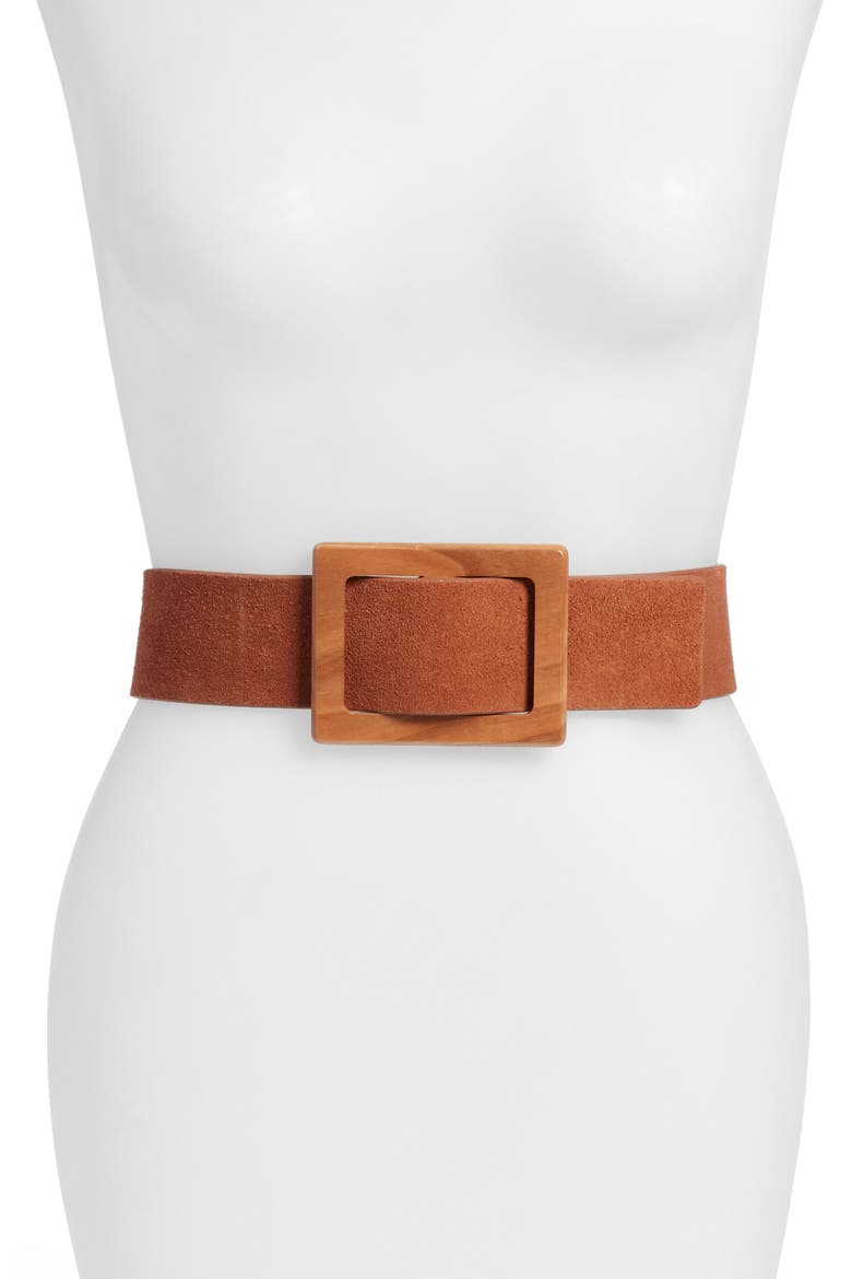Wooden Buckle Suede Belt (Nordstrom Exclusive), Main, color, COGNAC