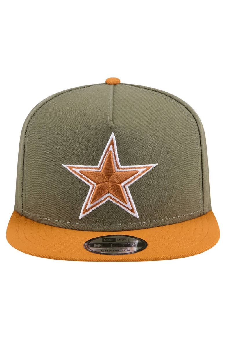 Men's New Era Olive/Brown Dallas Cowboys Two-Tone A-Frame 9FIFTY Snapback Hat, Alternate, color, Olive
