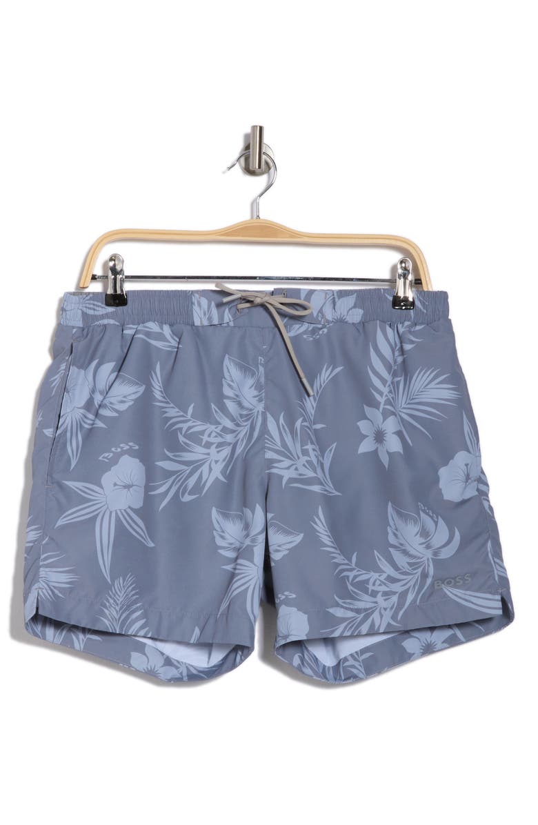 BOSS Reeve Tropical Floral Swim Trunks, Alternate, color, Silver/ Grey