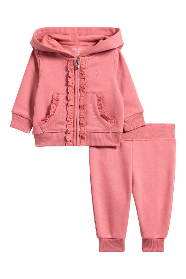 Ruffle French Terry Zip Hoodie & Joggers Set, Main, color, DESERT ROSE