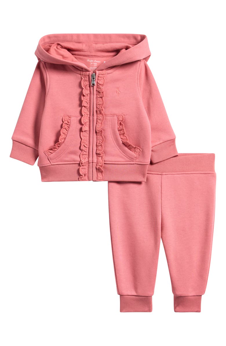 Ralph Lauren Ruffle French Terry Zip Hoodie & Joggers Set, Main, color, Desert Rose