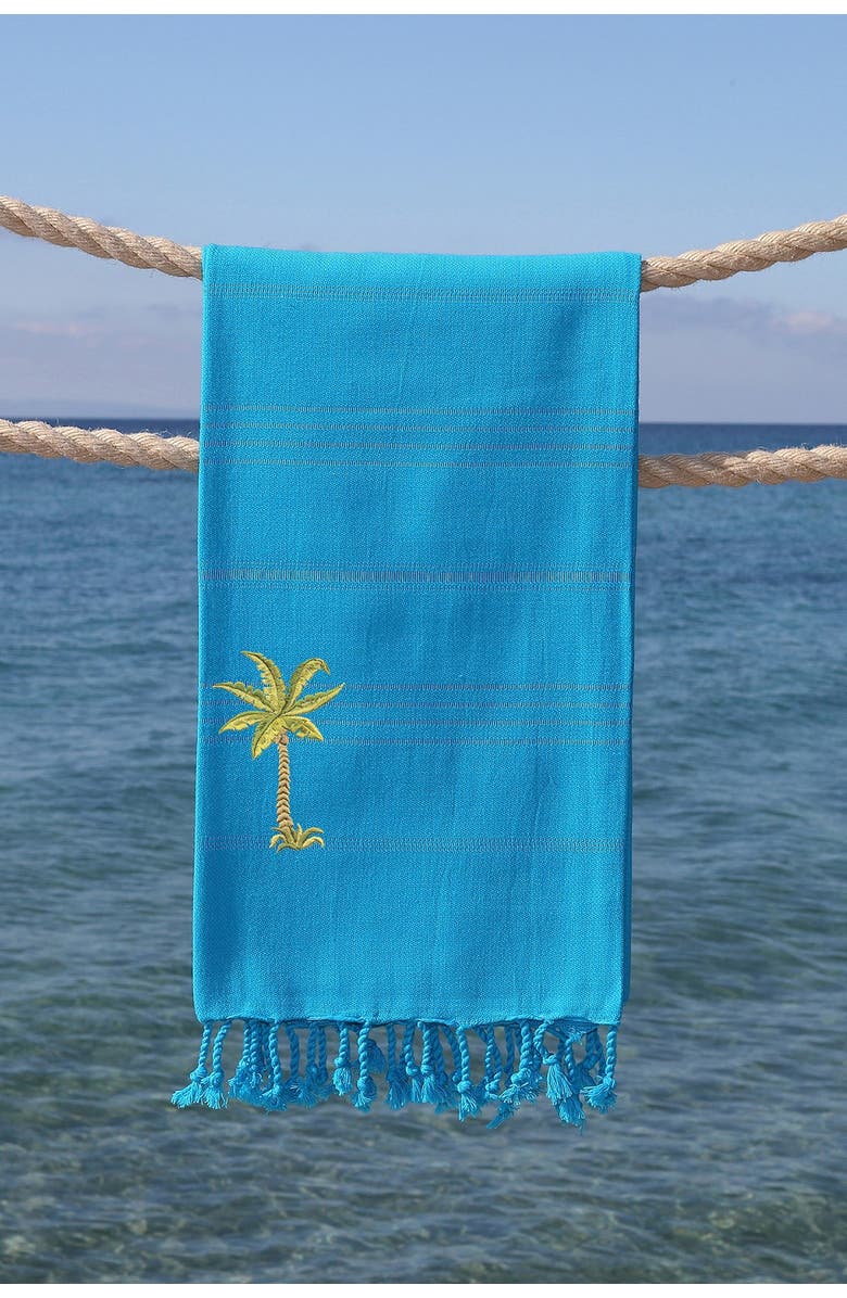 Linum Home Textiles 100% Turkish Cotton Summer Fun - Breezy Palm Tree Pestemal Beach Towel - Turquoise, Alternate, color, 