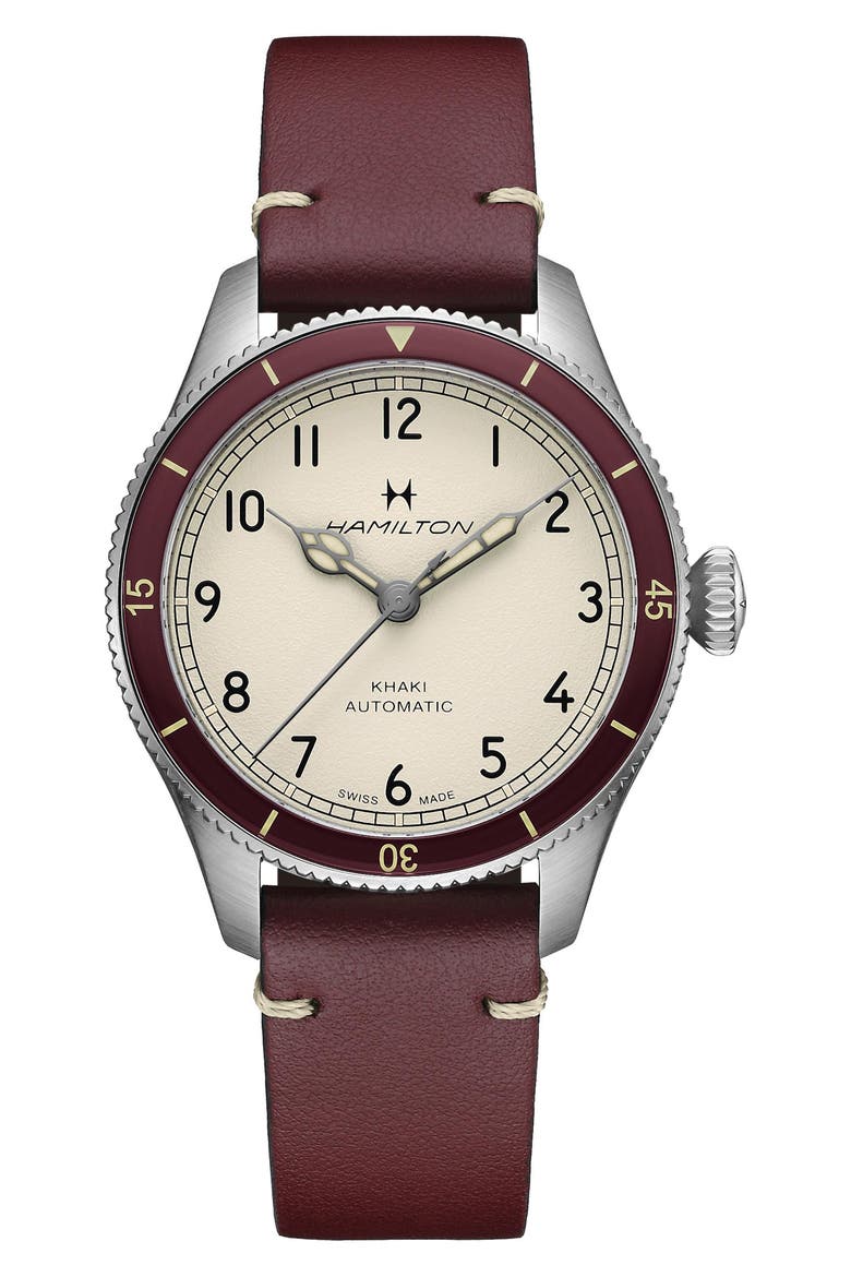 Khaki Aviation Leather Strap Watch, 38mm, Main, color, WHITE / RED