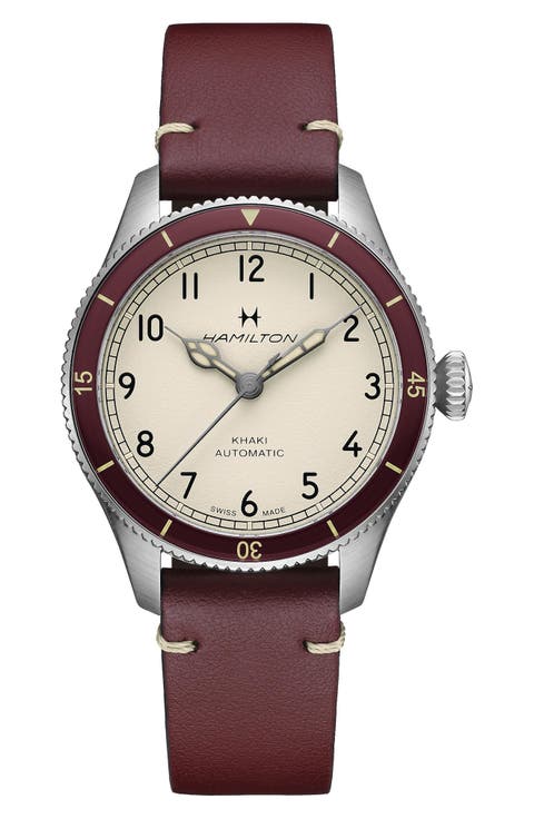 Khaki Aviation Leather Strap Watch, 38mm