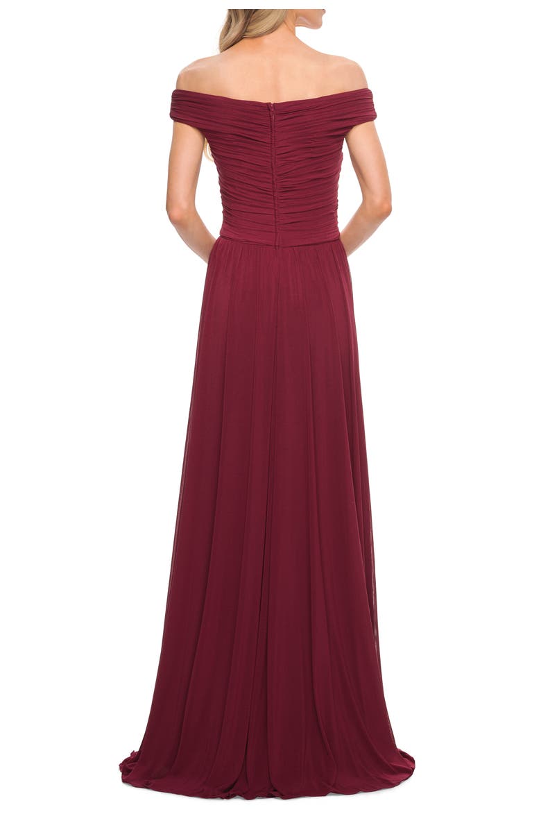 La Femme Off the Shoulder Net Jersey Long Dress with Ruching, Alternate, color, Wine